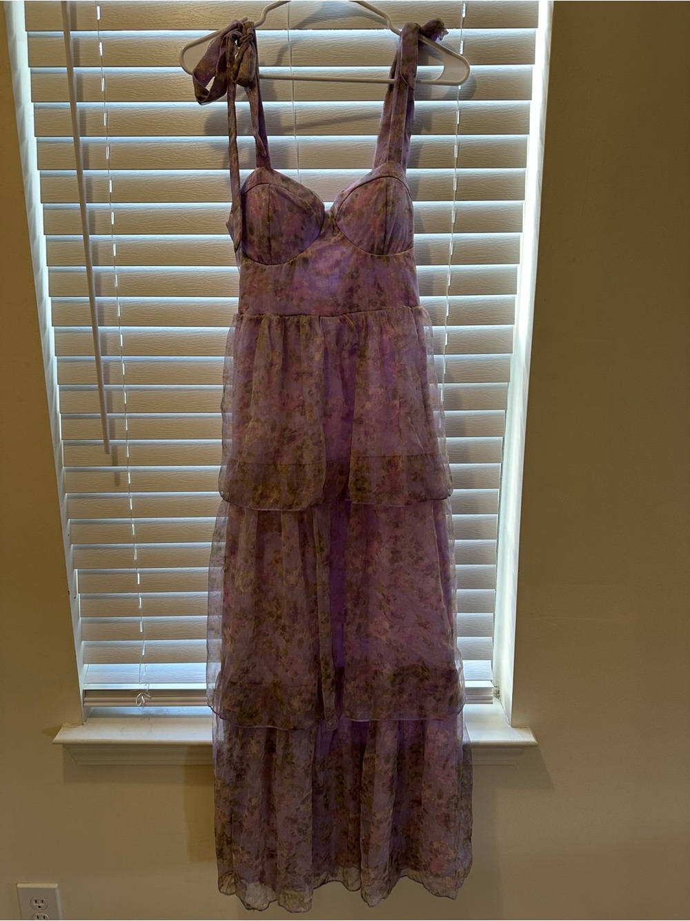 NWT Evolution Lavender Floral Tiered Maxi Dress with Tie Shoulder Straps